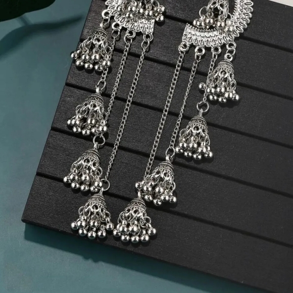 Antique silver dangling chain tassels jhumkas/pakistani Indian jewellery… - Picture 2 of 5